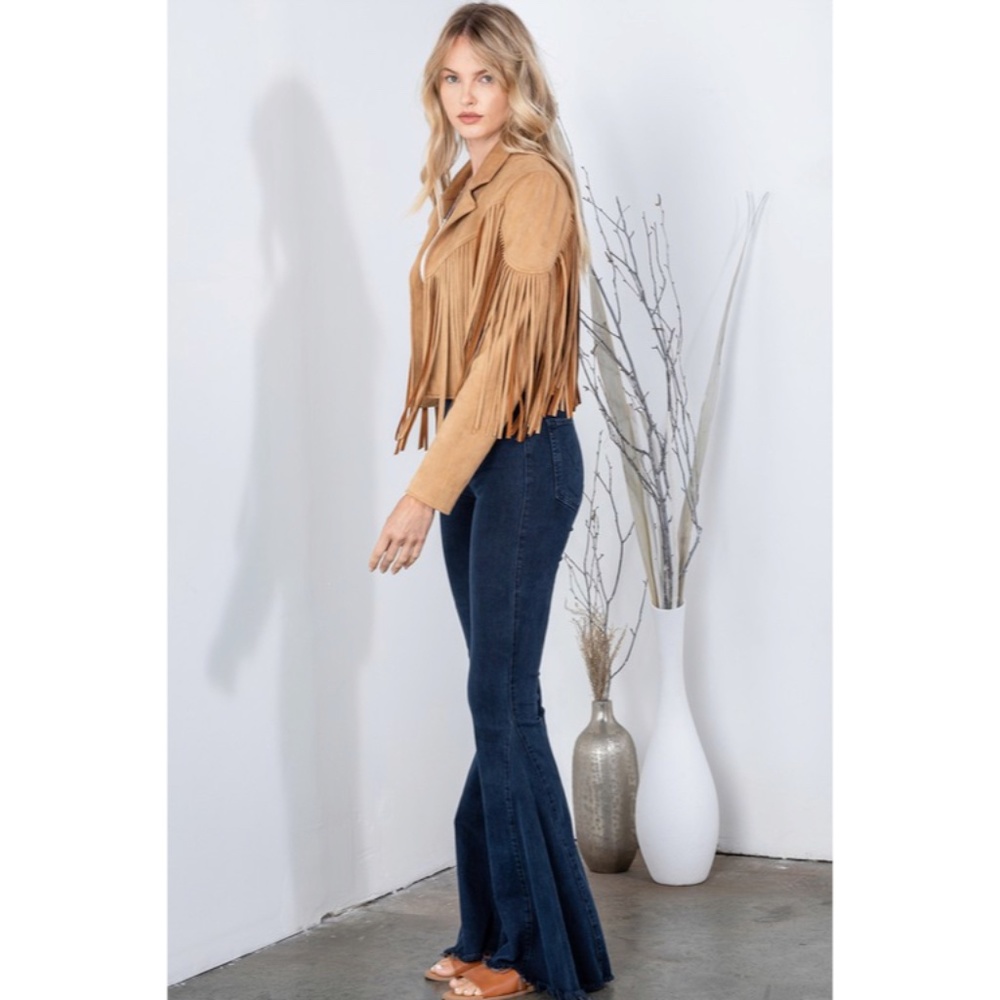 SOLD OUT Camel Faux Leather Suede Fringe Cropped Western Boho Moto Jacket - Picture 6 of 11